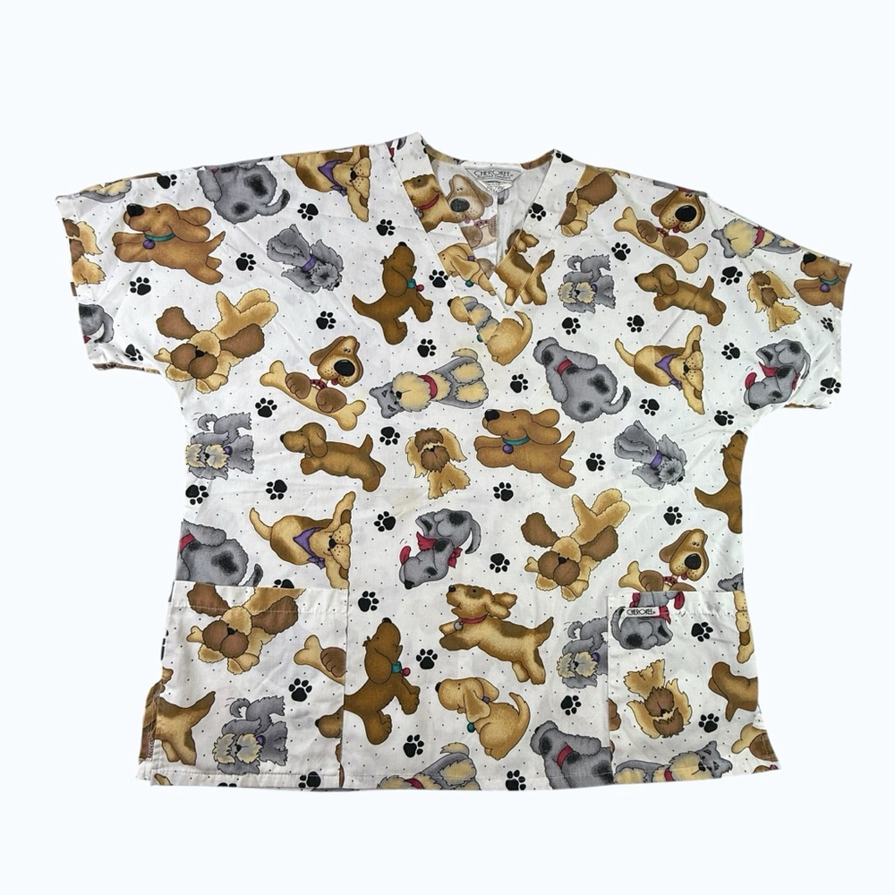 Cherokee Scrub Top Dogs Puppy Paw Print Nurse Medical Vet Tech Cute Large XL